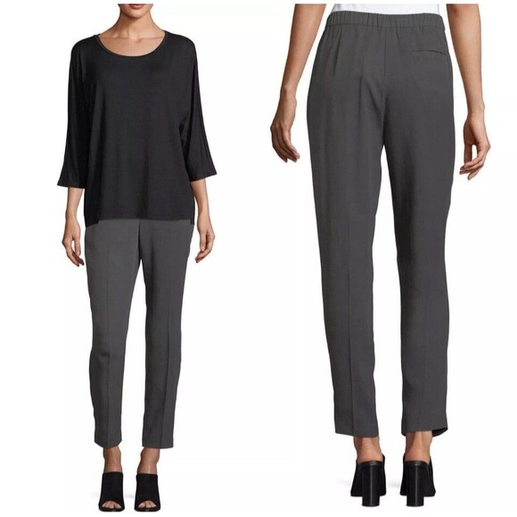 EILEEN FISHER Gray Woven Tencel Grain Pants Large Tapered Ankle Leg Classic Work - Picture 1 of 16